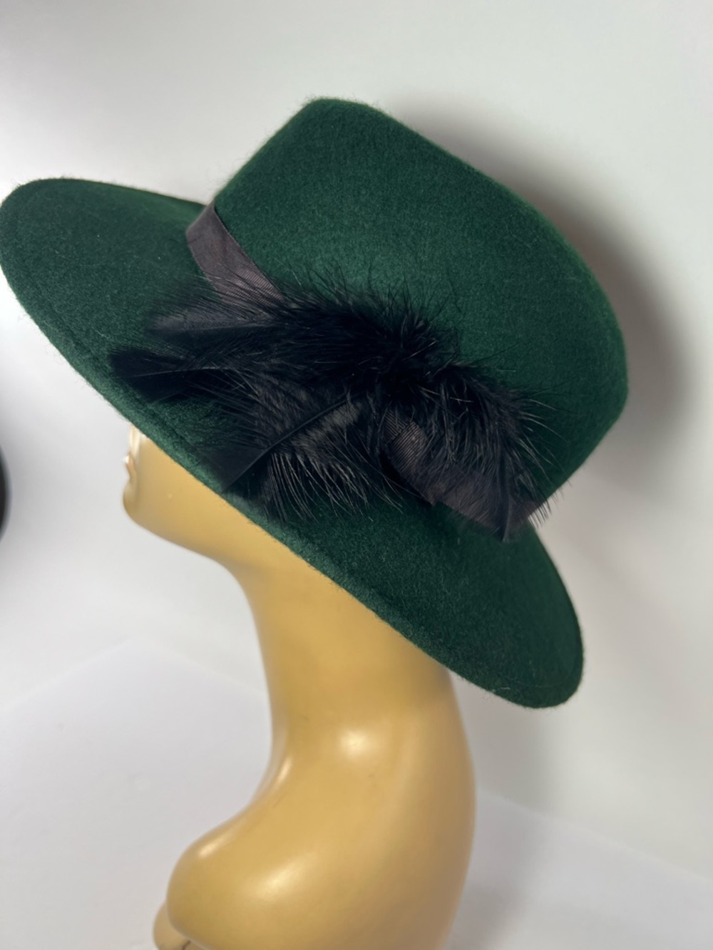 Vintage 100% Wool Hat Made In USA Felted Wool Fedora Dark Green W/ Feather